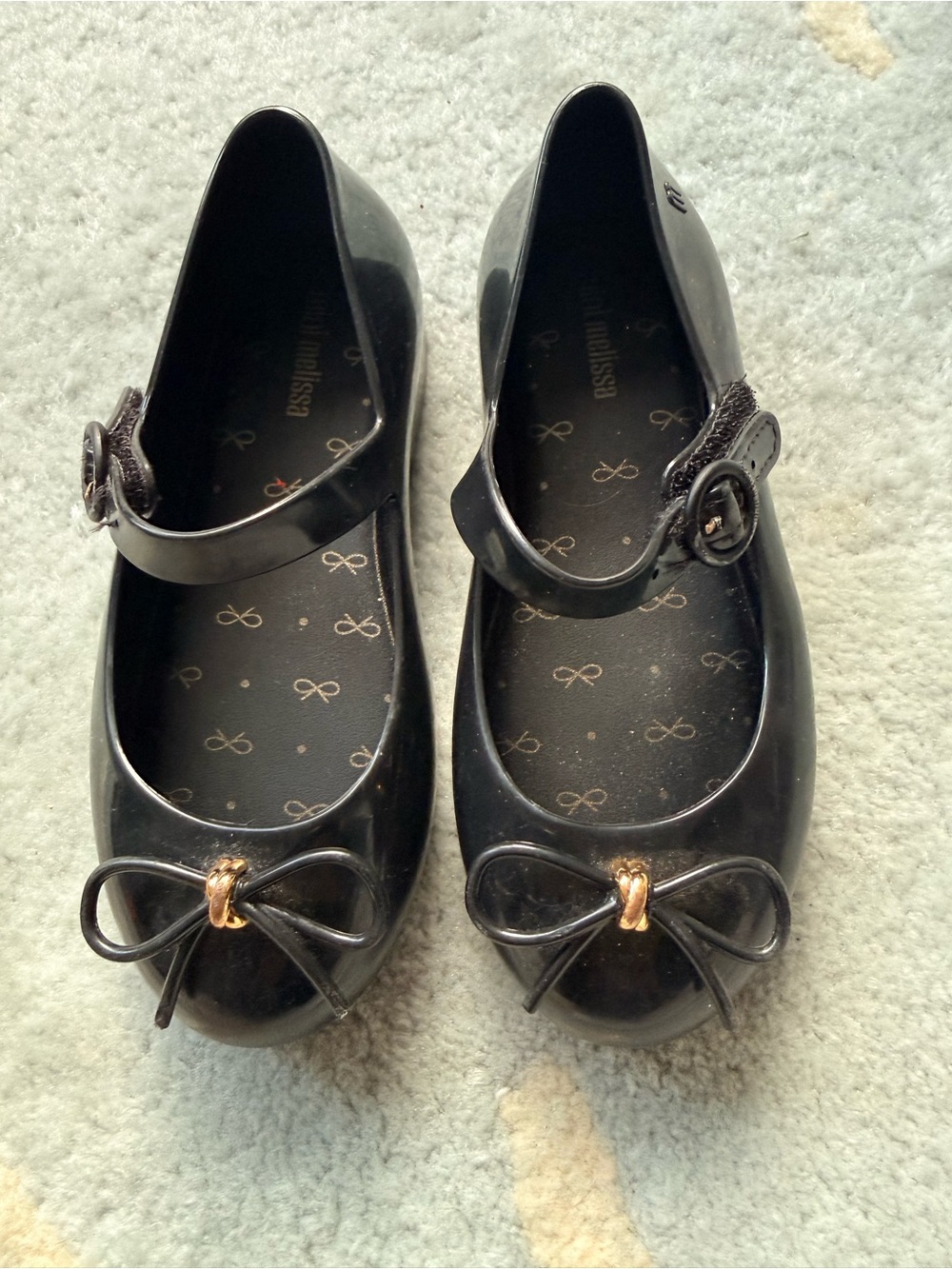 Mini Melissa Black Girls Mary Jane Flats with Bow and Gold Accent